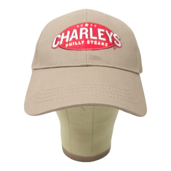Charleys Philly Steaks Embroidered Logo Strapback Cap Trucker Baseball Khaki Hat - Picture 9 of 13